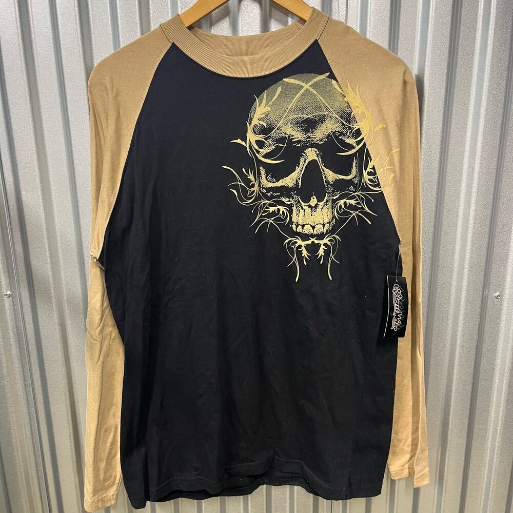 VTG Y2K Grunge Streetwear NWT Long Sleeve Skull Affliction Two Tone Shirt SZ L